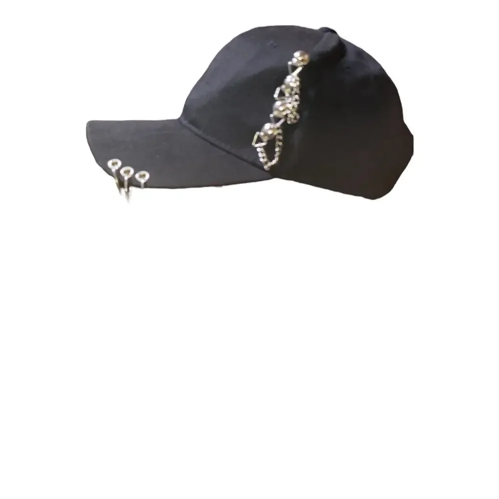 Black Punk-Style Baseball Cap w/ Silver Piercing Rings & Chains Detail. adjust.‎